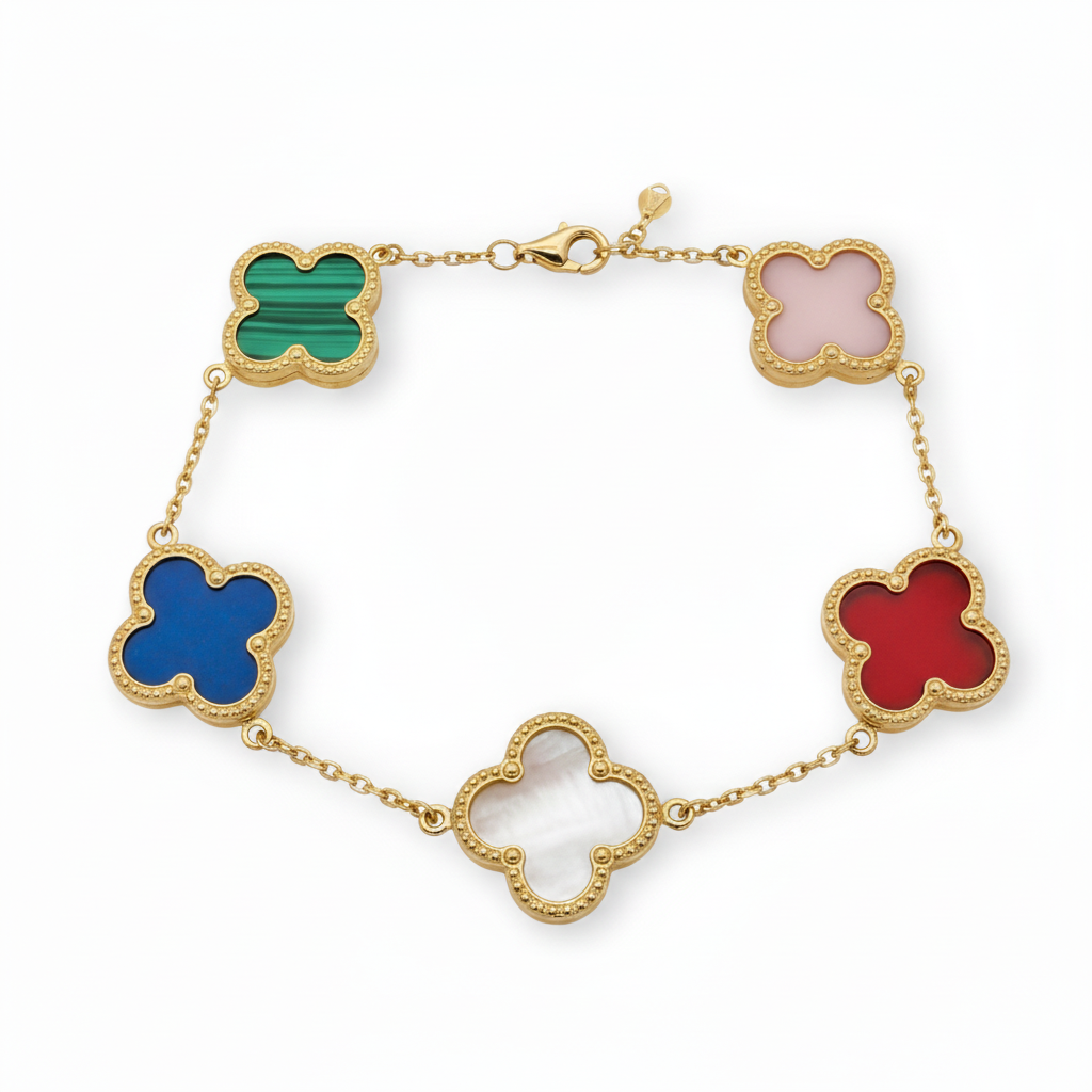 14k Gold Colored With Beaded Border Clover Bracelet