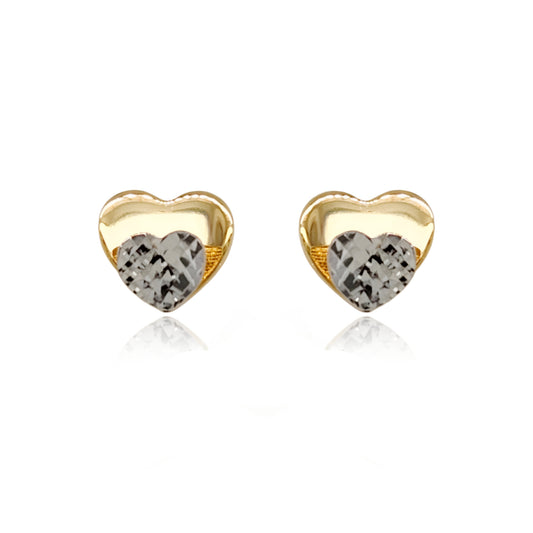 14k Gold Diamond Cut Diamond Cut Rhodium Heart on Shiny Gold Heart Stud Earrings