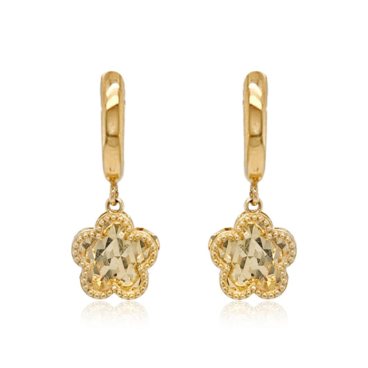 14k Gold Diamond Cut Flower Hoop Earring