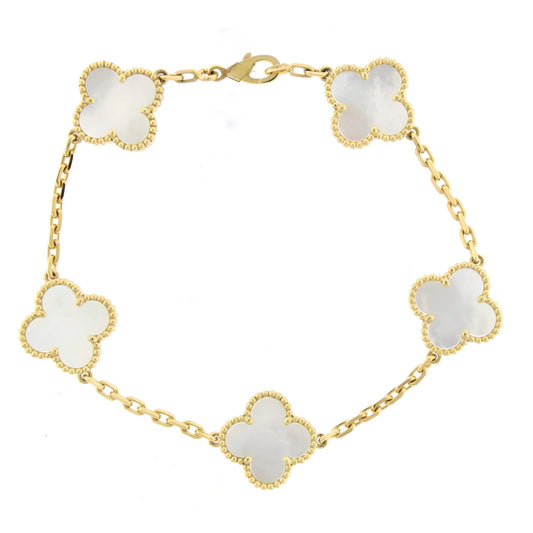 14k Gold Mother of Pearl With Beaded Border Clover Bracelet
