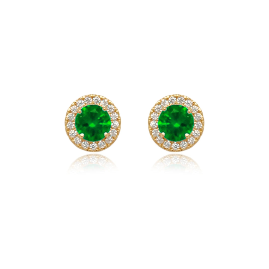 14k Gold Micropave Border with Color CZ Center Stud Earrings