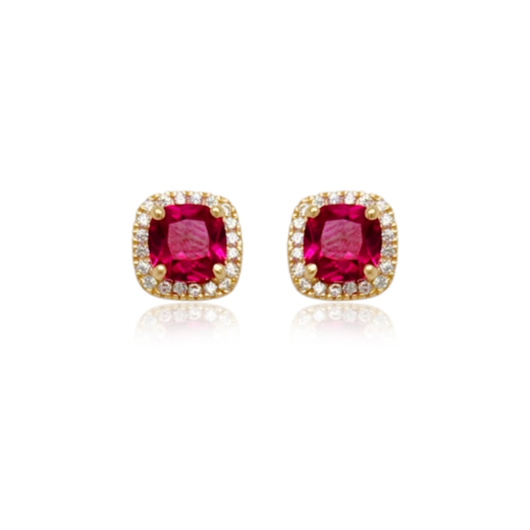 14k Gold Micropave Border with Color CZ Center Stud Earrings