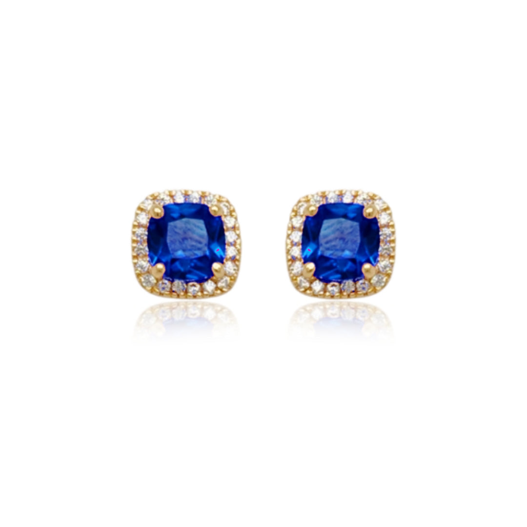 14k Gold Micropave Border with Color CZ Center Stud Earrings