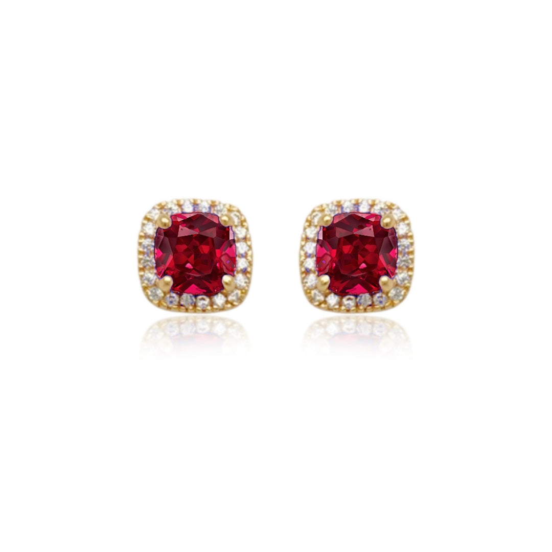 14k Gold Micropave Border with Color CZ Center Stud Earrings