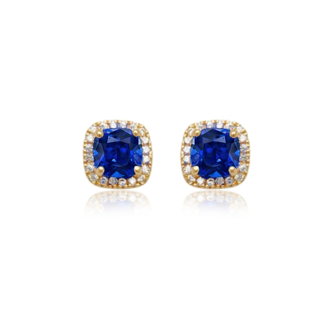14k Gold Micropave Border with Color CZ Center Stud Earrings