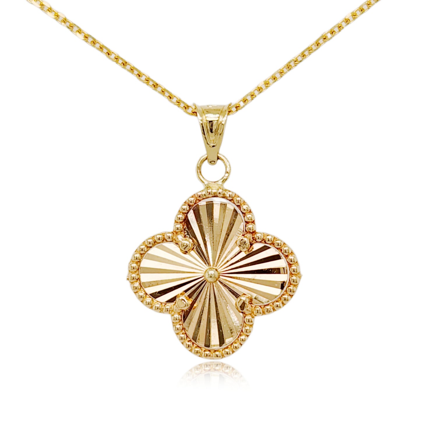 14k Gold Sunburst Beaded Border Clover Pendant Necklace