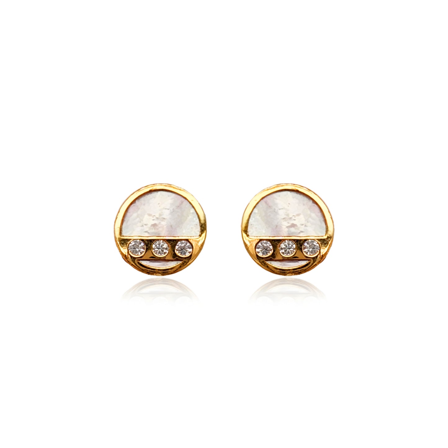 14k Gold Mother Of Pearl Circle with CZ Stud Earrings
