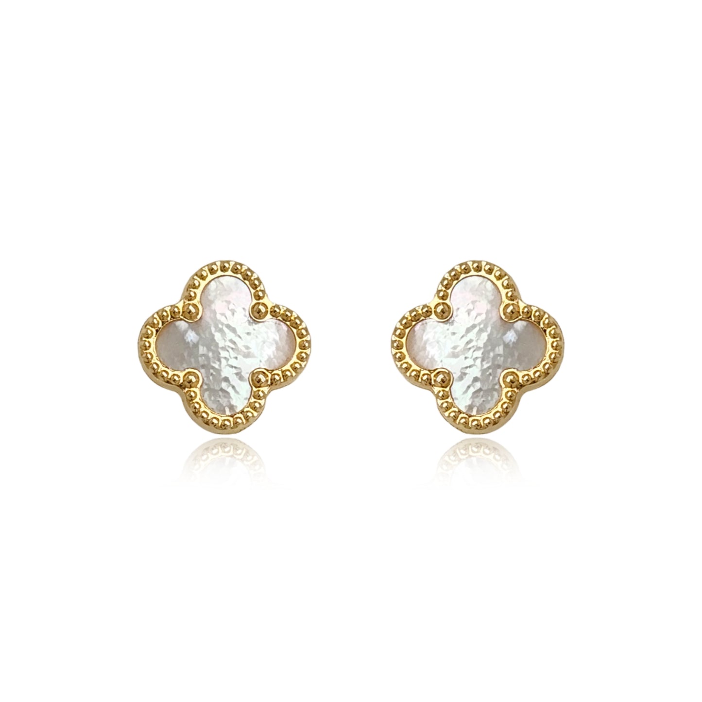 14k Gold Mother of Pearl Clover Stud Earrings with Beaded Border