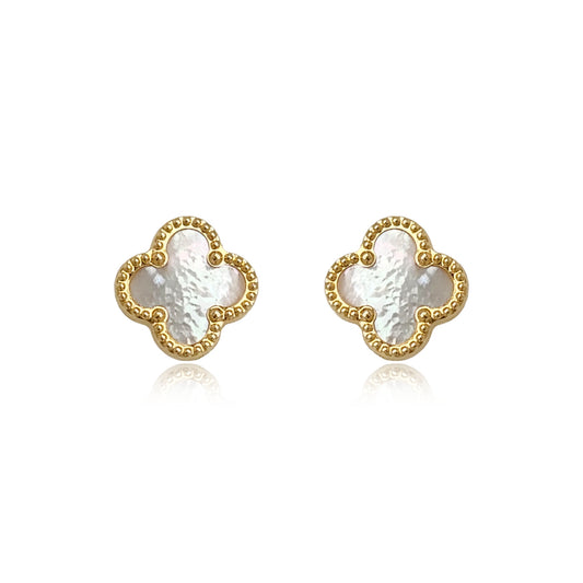 14k Gold Mother of Pearl Clover Stud Earrings with Beaded Border