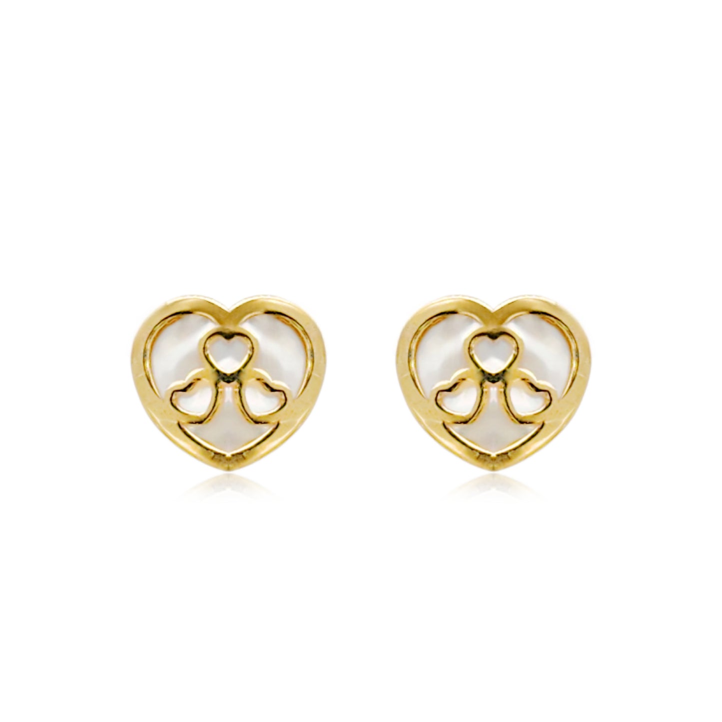 14k Gold Mother of Pearl Heart with Three Heart Overlay Stud Earrings