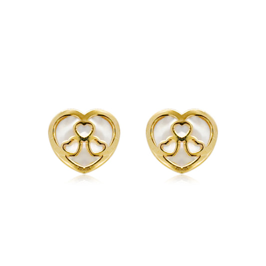 14k Gold Mother of Pearl Heart with Three Heart Overlay Stud Earrings
