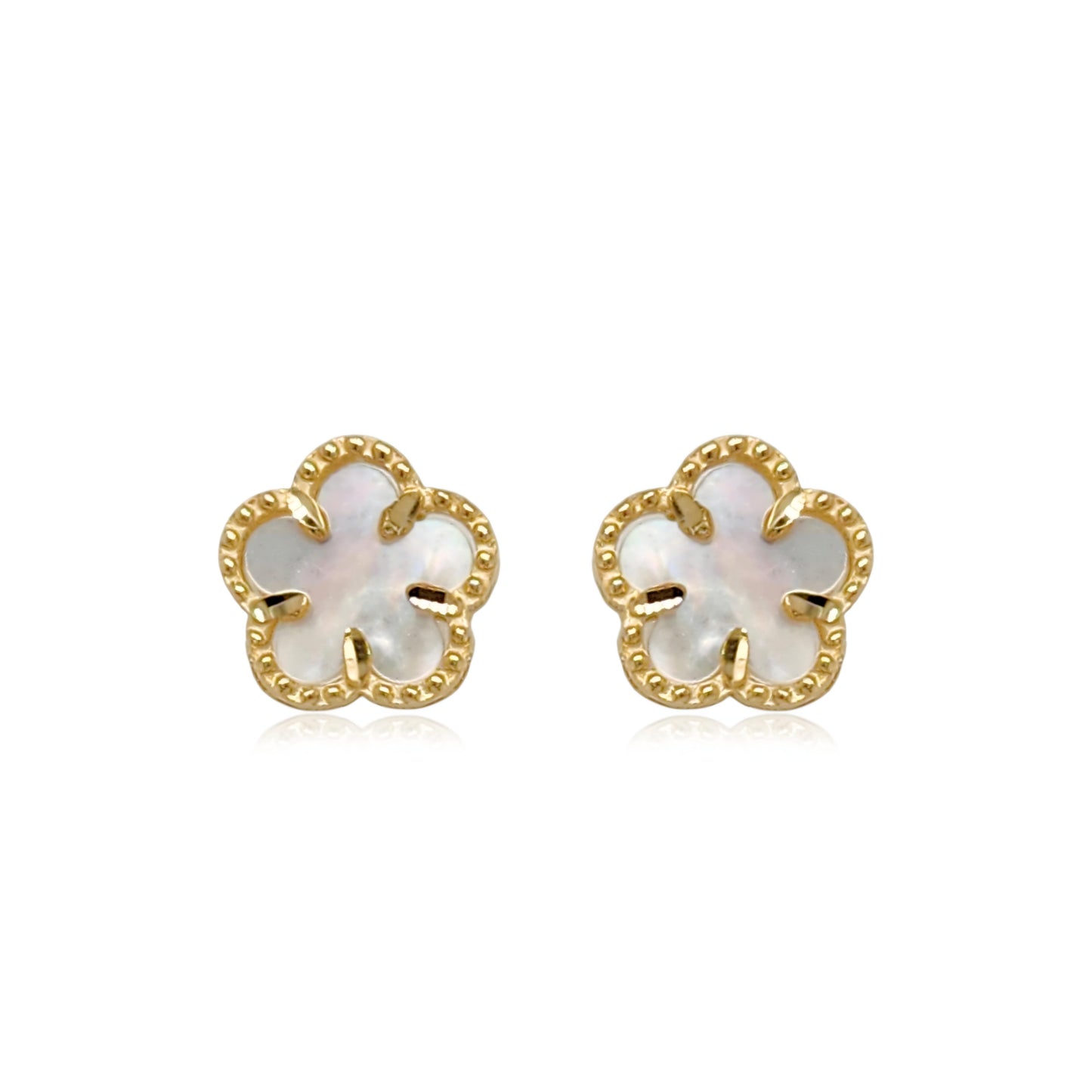 14k Gold Mother of Pearl Flower Stud Earrings with Beaded Border