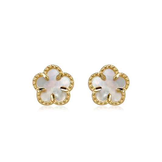 14k Gold Mother of Pearl Flower Stud Earrings with Beaded Border