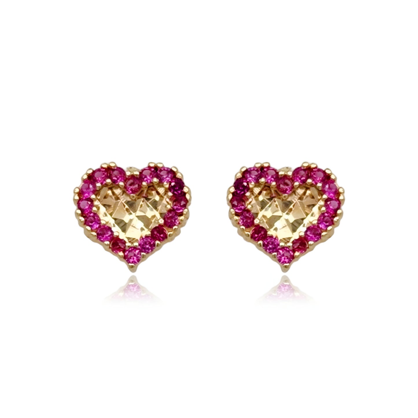 14k Hammered Gold with CZ Border Heart Stud Earrings