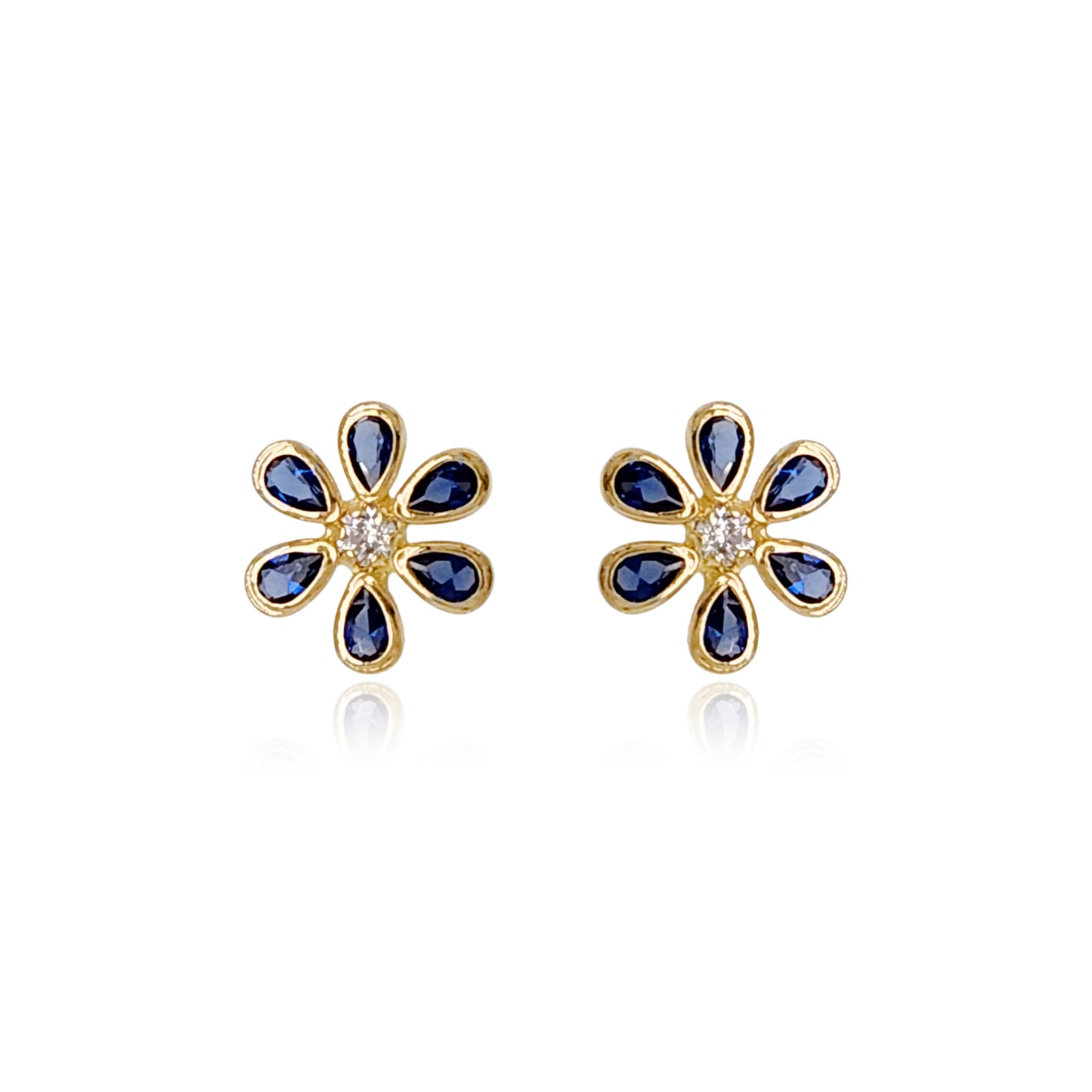 14k Gold Sapphire CZ Flower Stud Earrings