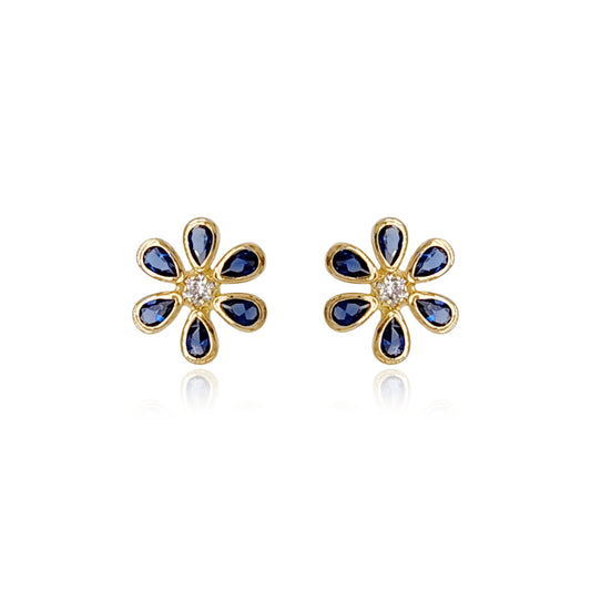 14k Gold Sapphire CZ Flower Stud Earrings