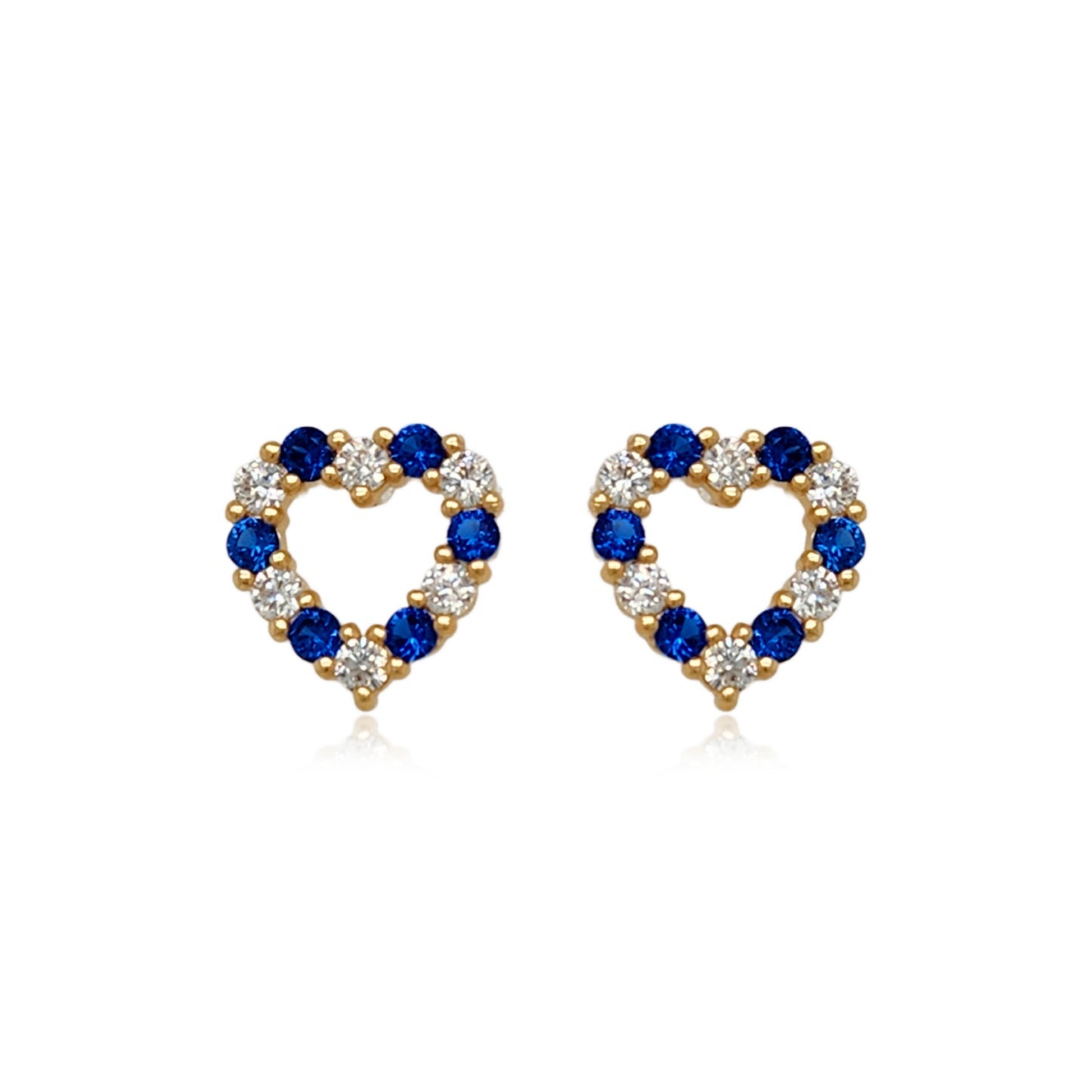 14k Gold Sapphire and Clear CZ Heart Stud Earrings