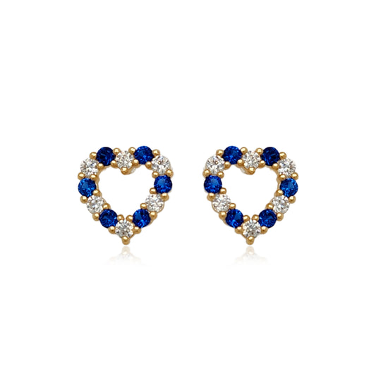 14k Gold Sapphire and Clear CZ Heart Stud Earrings