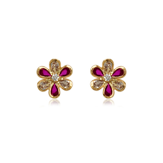 14k Gold Ruby and Clear CZ Flower Stud Earrings