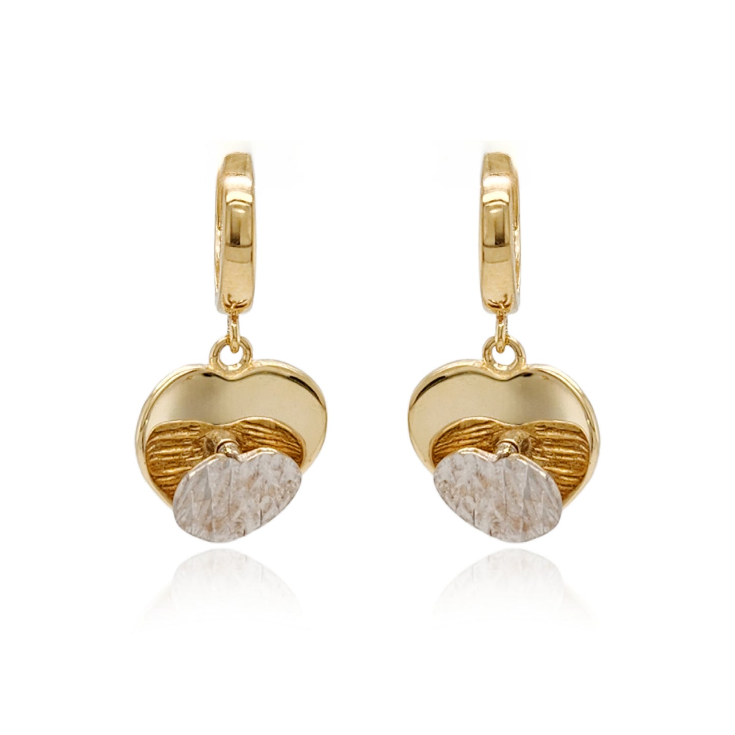 14k Gold Diamond Cut Diamond Cut Rhodium Heart on Shiny Gold Heart Hoop Earring