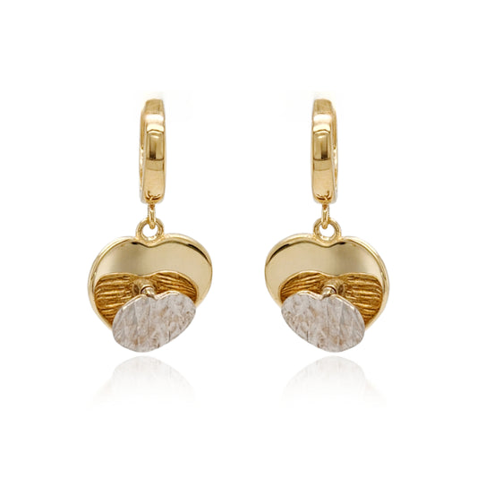 14k Gold Diamond Cut Diamond Cut Rhodium Heart on Shiny Gold Heart Hoop Earring