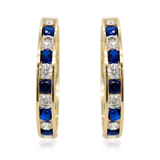 14k Gold Round Sapphire and Clear CZ Hoop Earrings