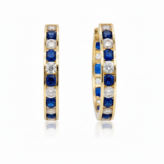 14k Gold Round Sapphire and Clear CZ Hoop Earrings