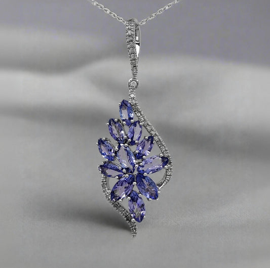 14K Gold Diamond and Tanzanite Flower Necklace