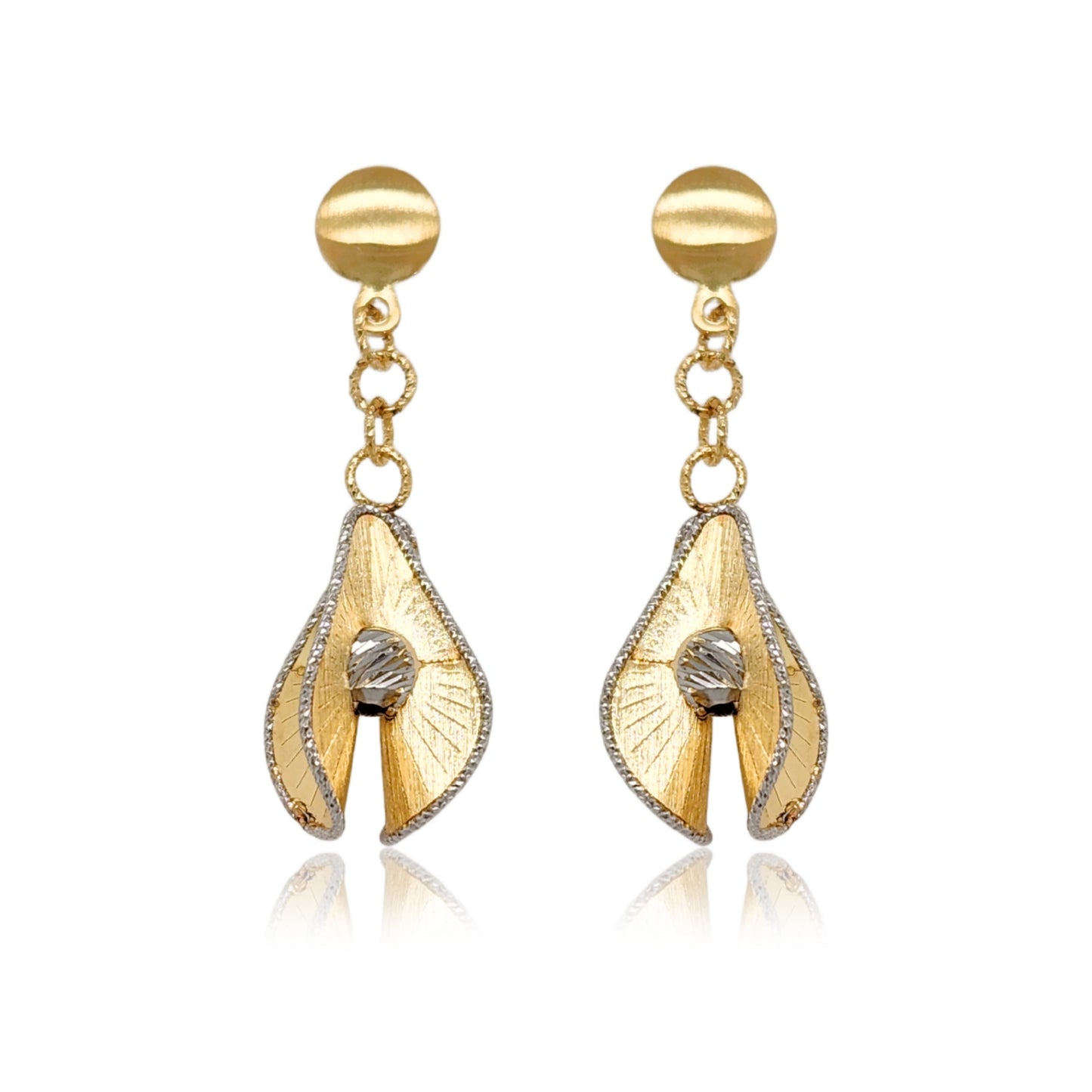14K Gold Dangling 3D Teardrop Diamond Cut Earrings