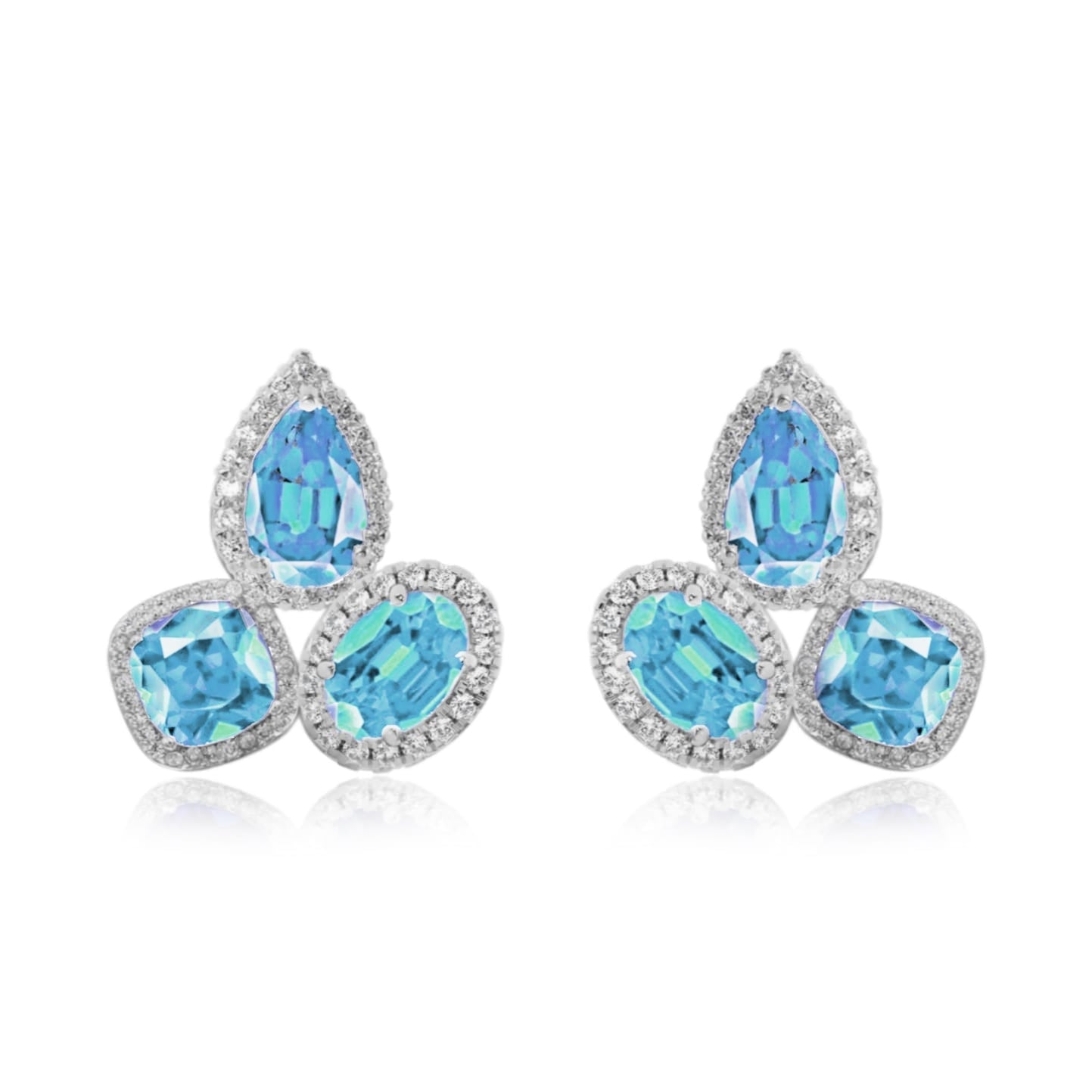 Sterling Silver CZ Halo Around Three Stone Stud Earring