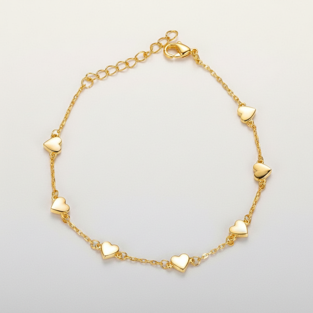 Gold Plated Sterling Silver Shiny Small 5mm Heart Station Bracelet
