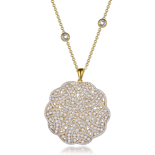 Gold Plated Sterling Silver Elegant Design Pearl and Micropave CZ Pendant Necklace
