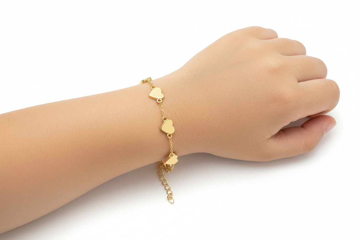 Gold Plated Sterling Silver Shiny 7mm Heart Station Bracelet