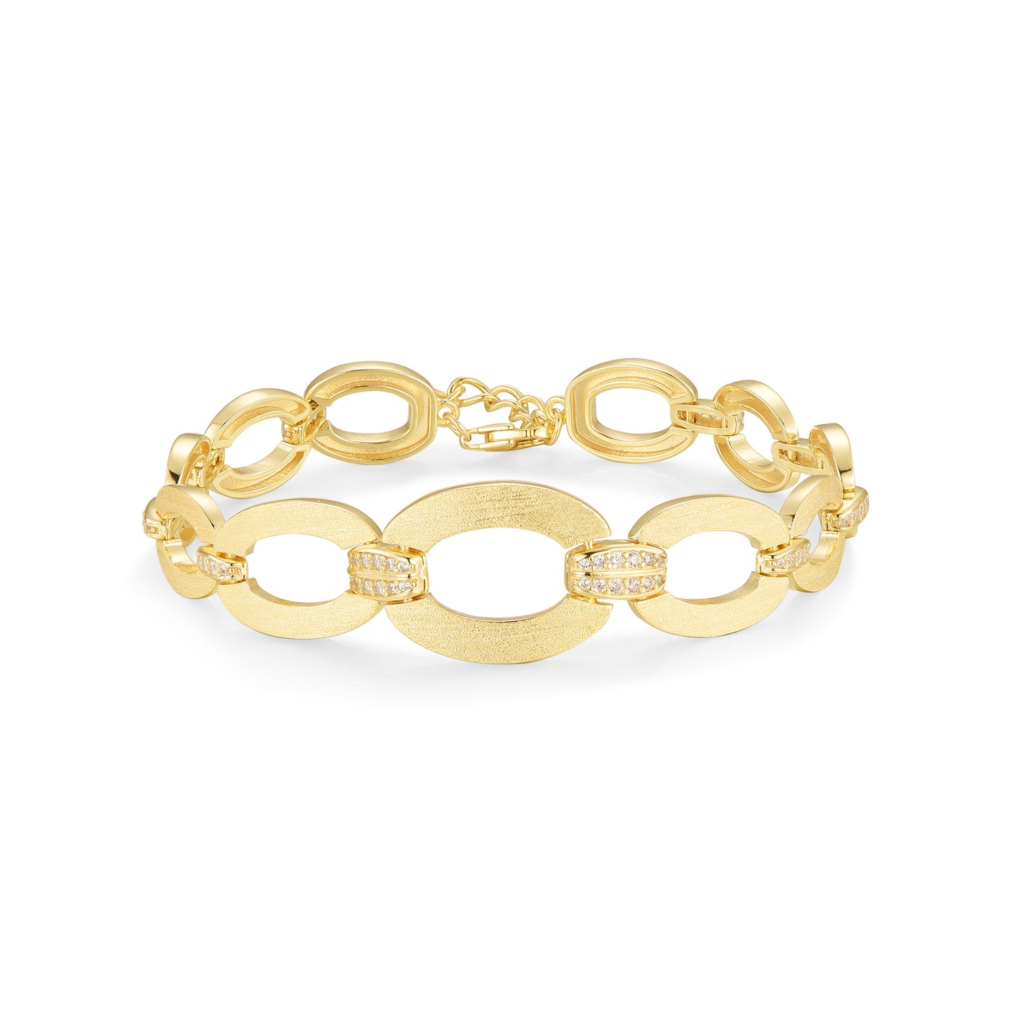 Sterling Silver Brushed Gold Plated Oval Link With CZ Bracelet