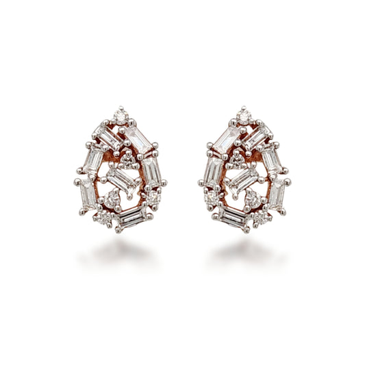 10K Rose Gold Diamond Baguettes Teardrop Stud Earrings