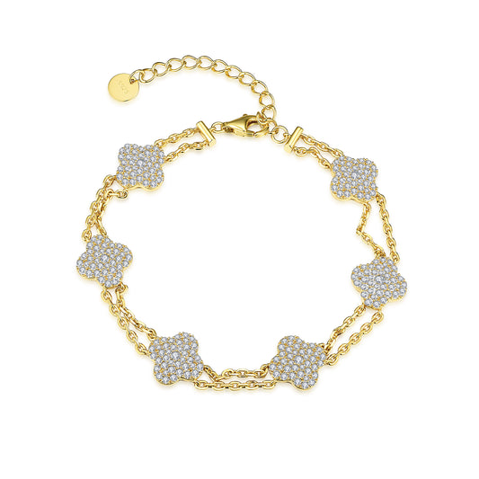 Gold Plated Sterling Silver Double Strand CZ Clover Bracelet