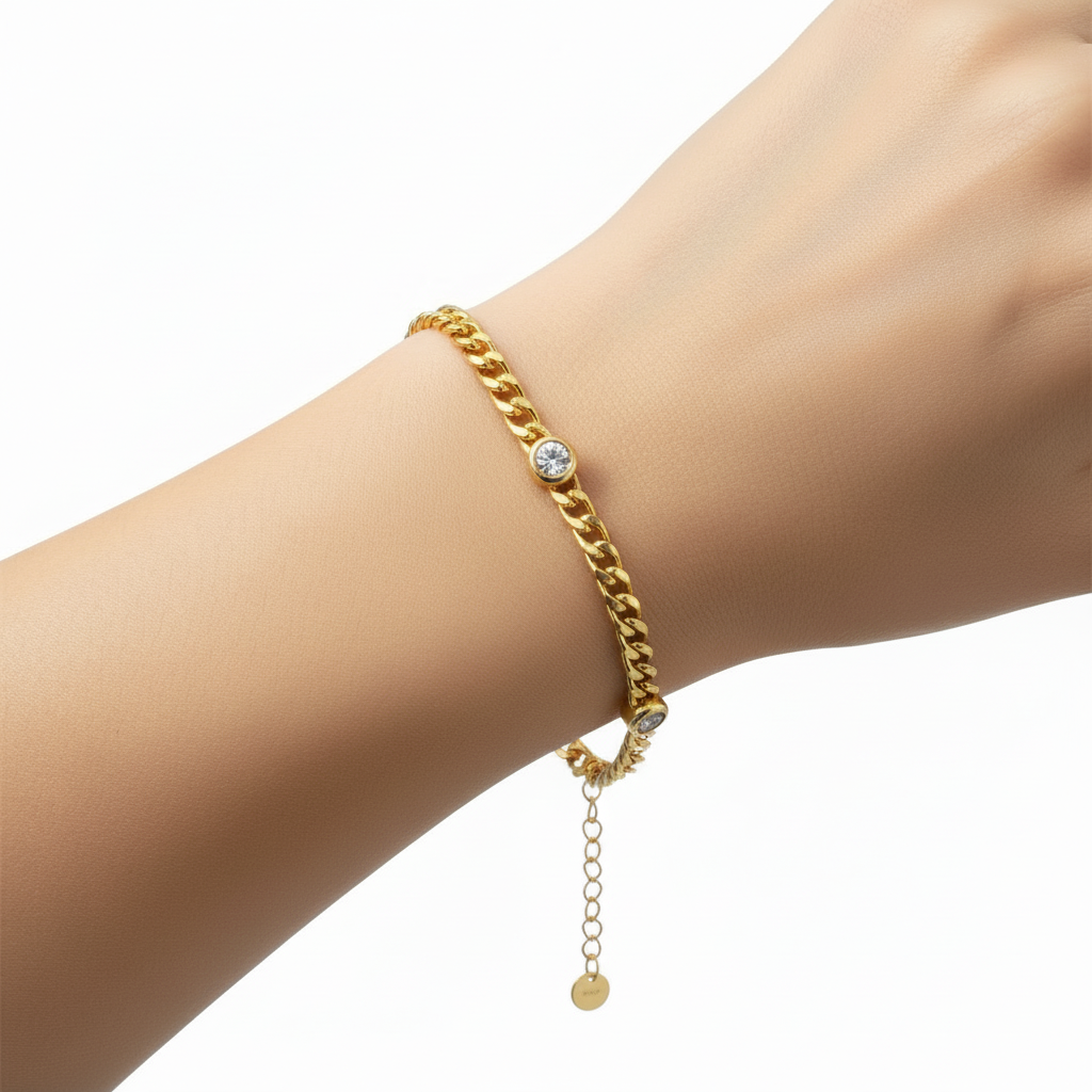 Sterling Silver Cuban Chain and Bezel Set CZ Bracelet