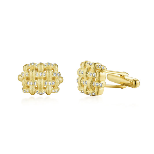 Gold Plated Sterling Silver Weave Deign with Clear CZ Accent Cufflinks