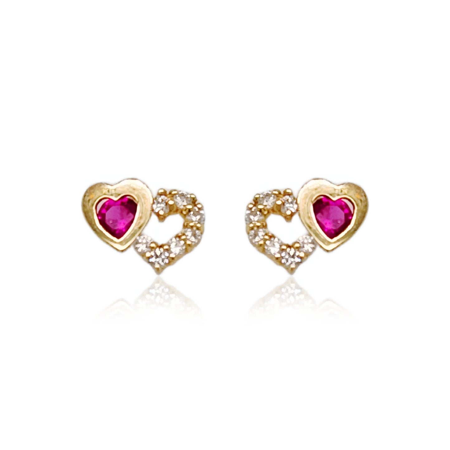 14k Gold Small Double Heart With Ruby CZ Stud Earrings