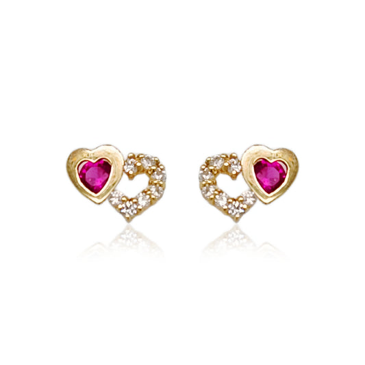 14k Gold Small Double Heart With Ruby CZ Stud Earrings