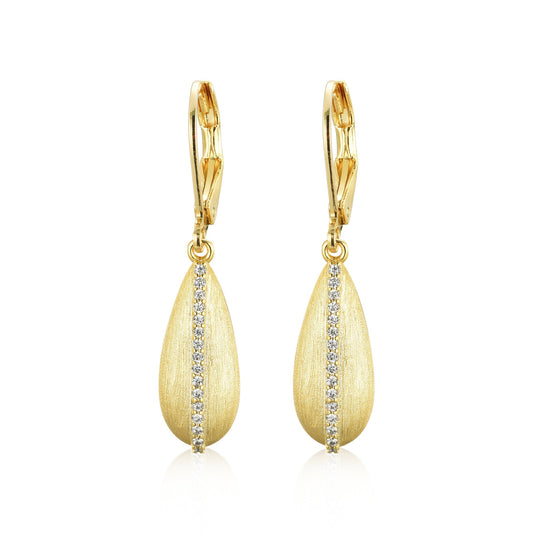 Gold Plated Surgical Steel Brushed Teardrop With CZ Line Earring