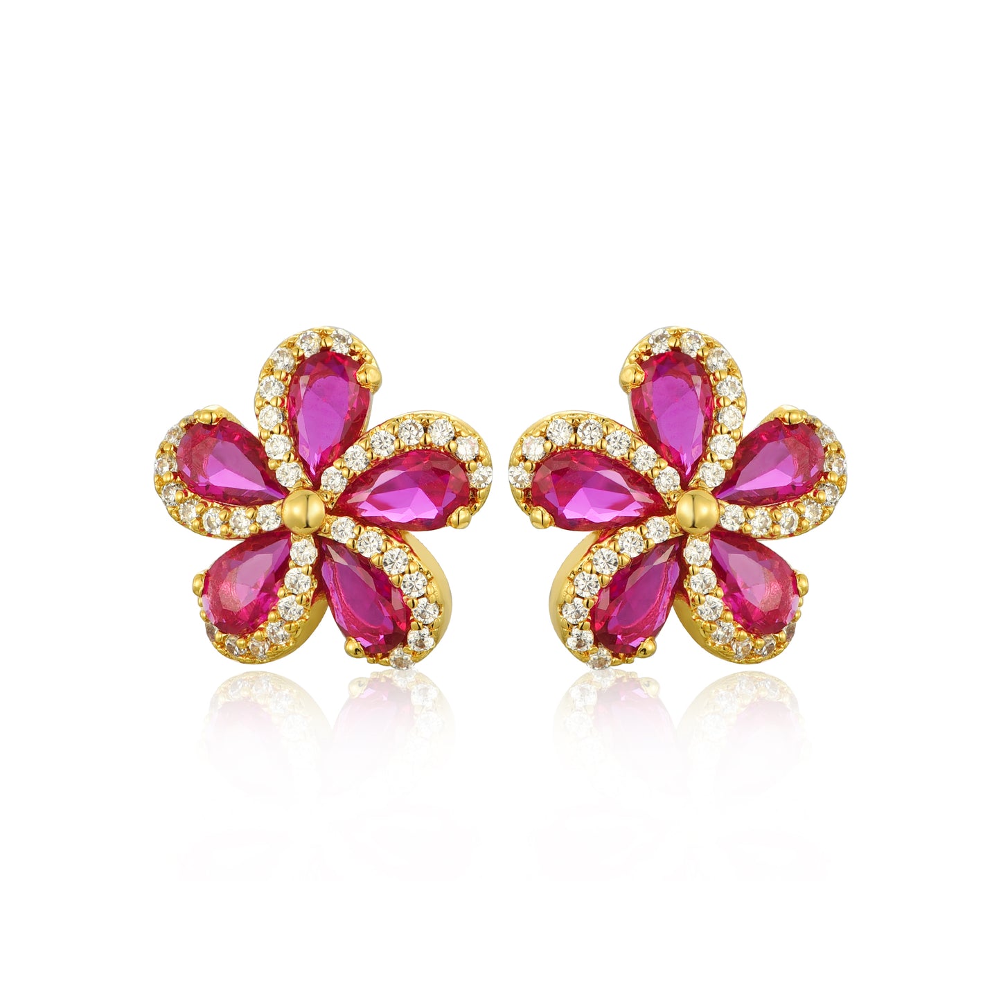 Lil' Empress Gold Plated or Rhodium Plated Surgical Steel 5 Petal Colorful CZ Flower Stud Earrings