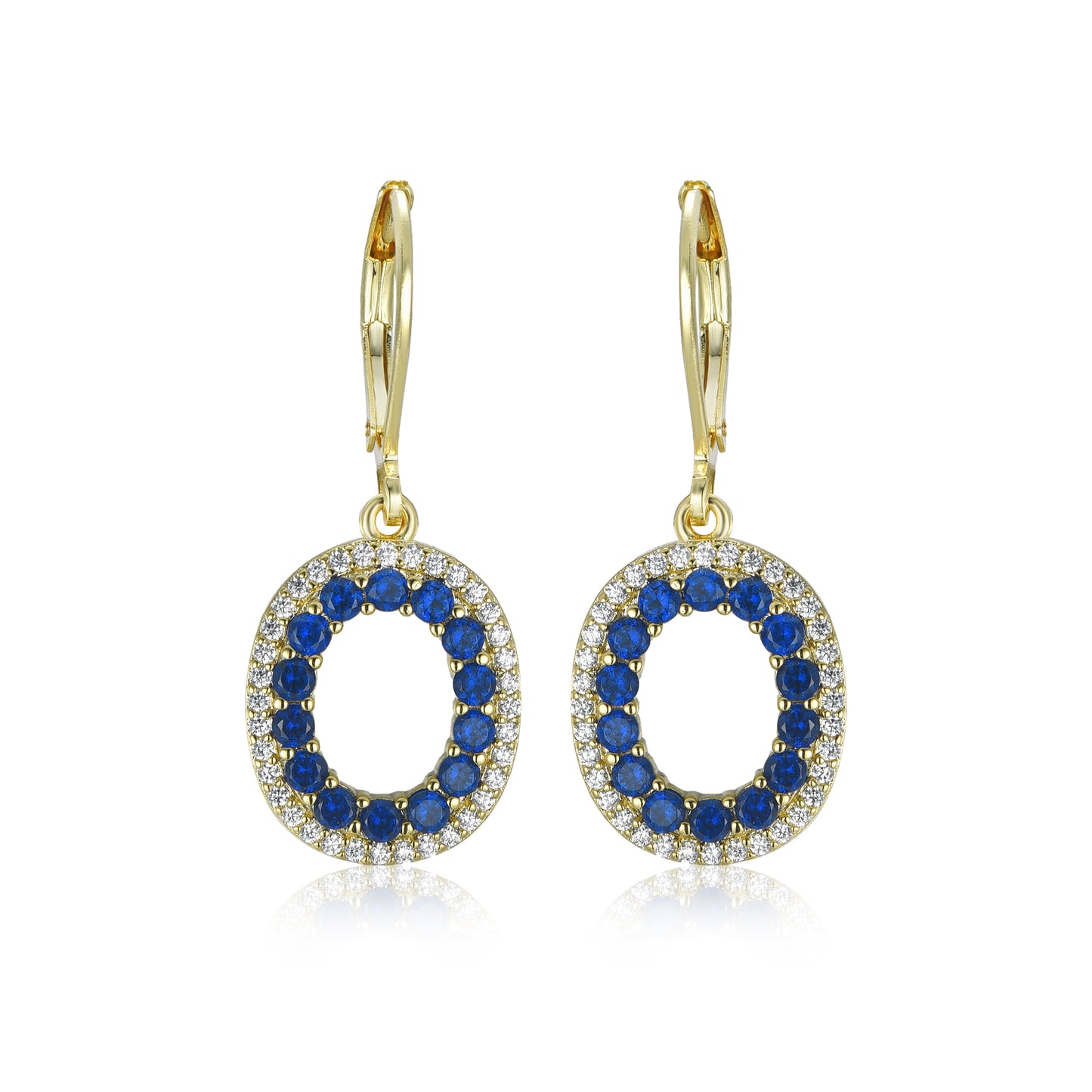 Gold-Plated Hanging Oval with Sapphire CZs on Surgical Leverback Earrings