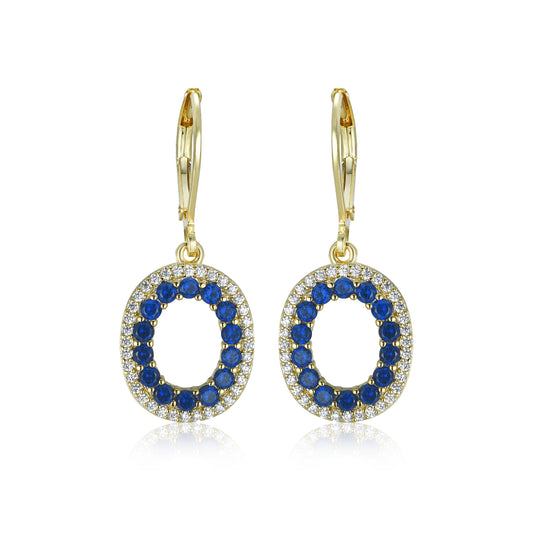 Gold-Plated Hanging Oval with Sapphire CZs on Surgical Leverback Earrings