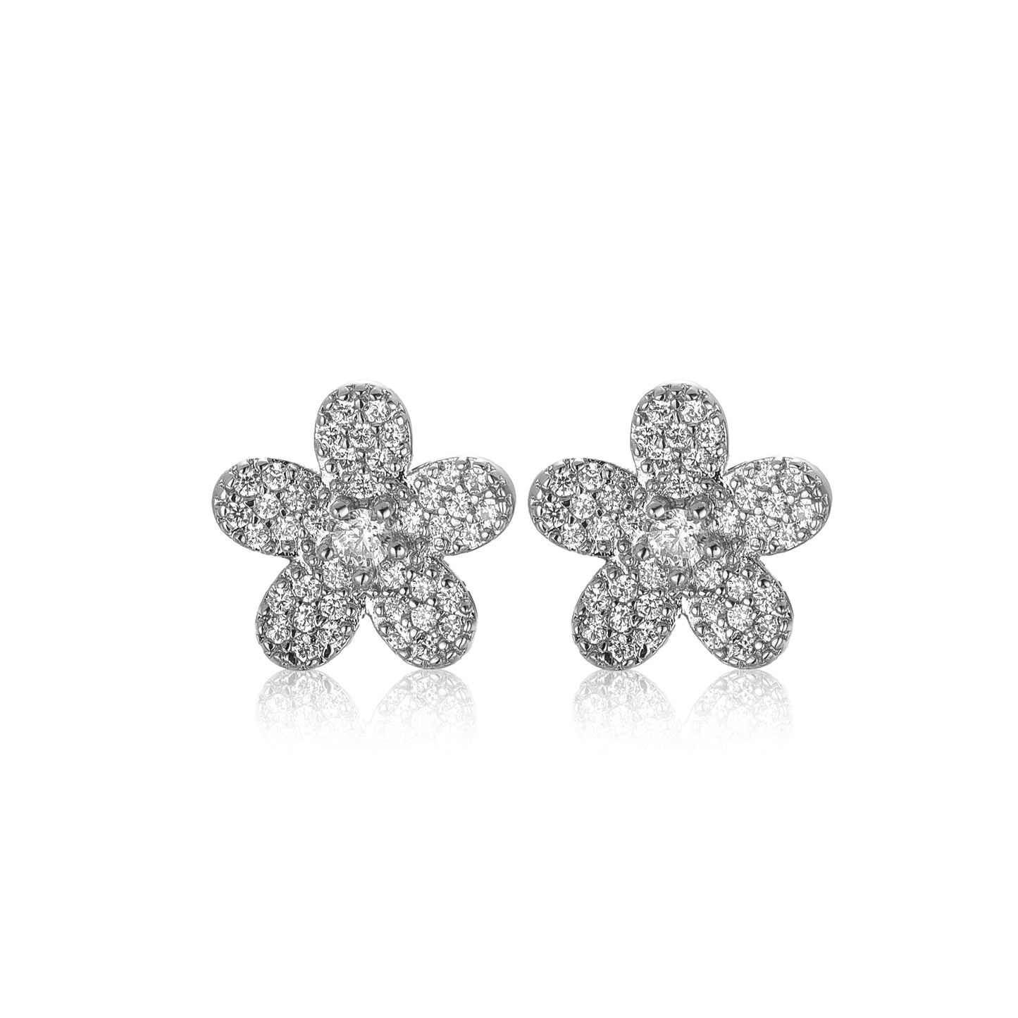 Surgical Steel 5 Petal Micropave Flower Stud Earrings