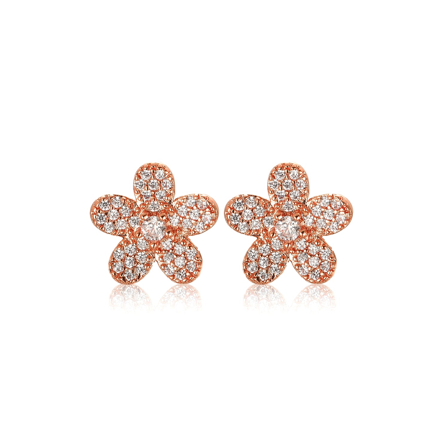 Surgical Steel 5 Petal Micropave Flower Stud Earrings