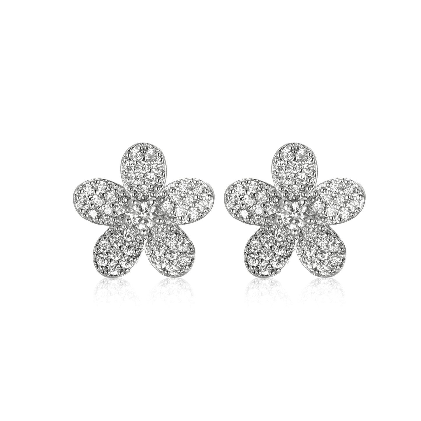 Surgical Steel 5 Petal Micropave Flower Stud Earrings