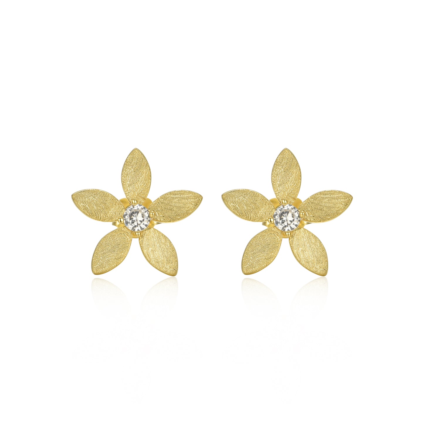 Sterling Silver Brushed Gold Plated Flower With Center CZ Stud Earring