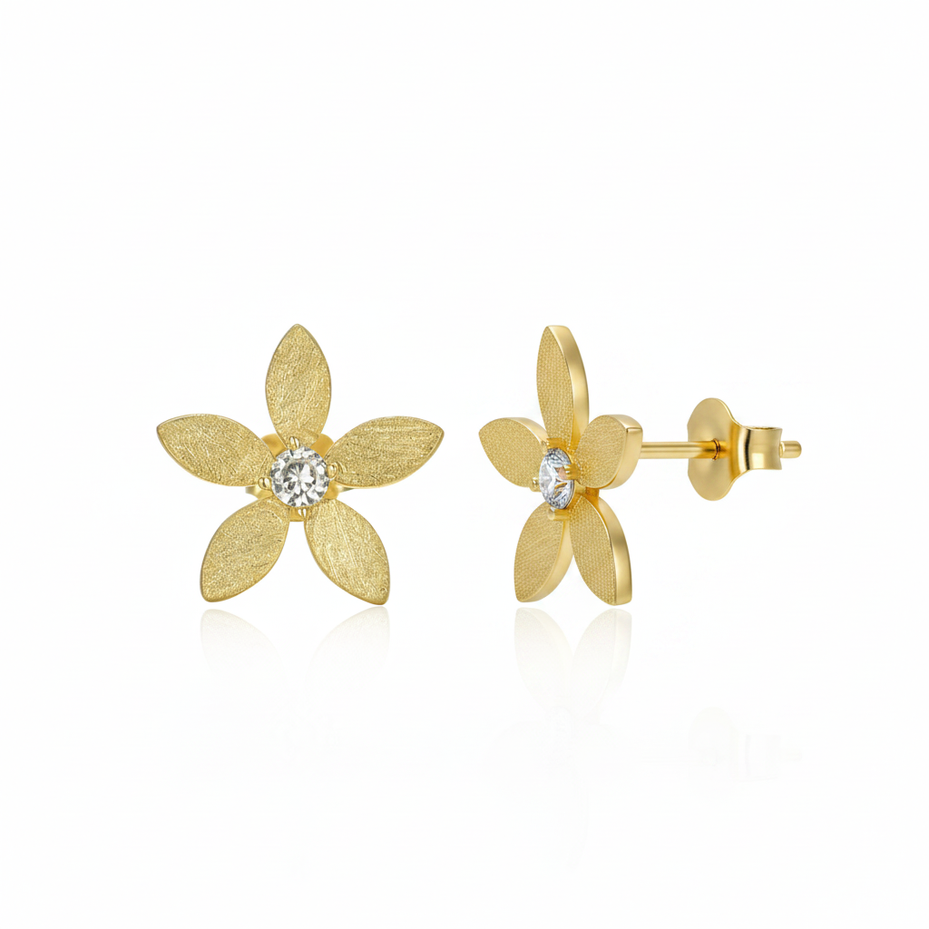 Sterling Silver Brushed Gold Plated Flower With Center CZ Stud Earring