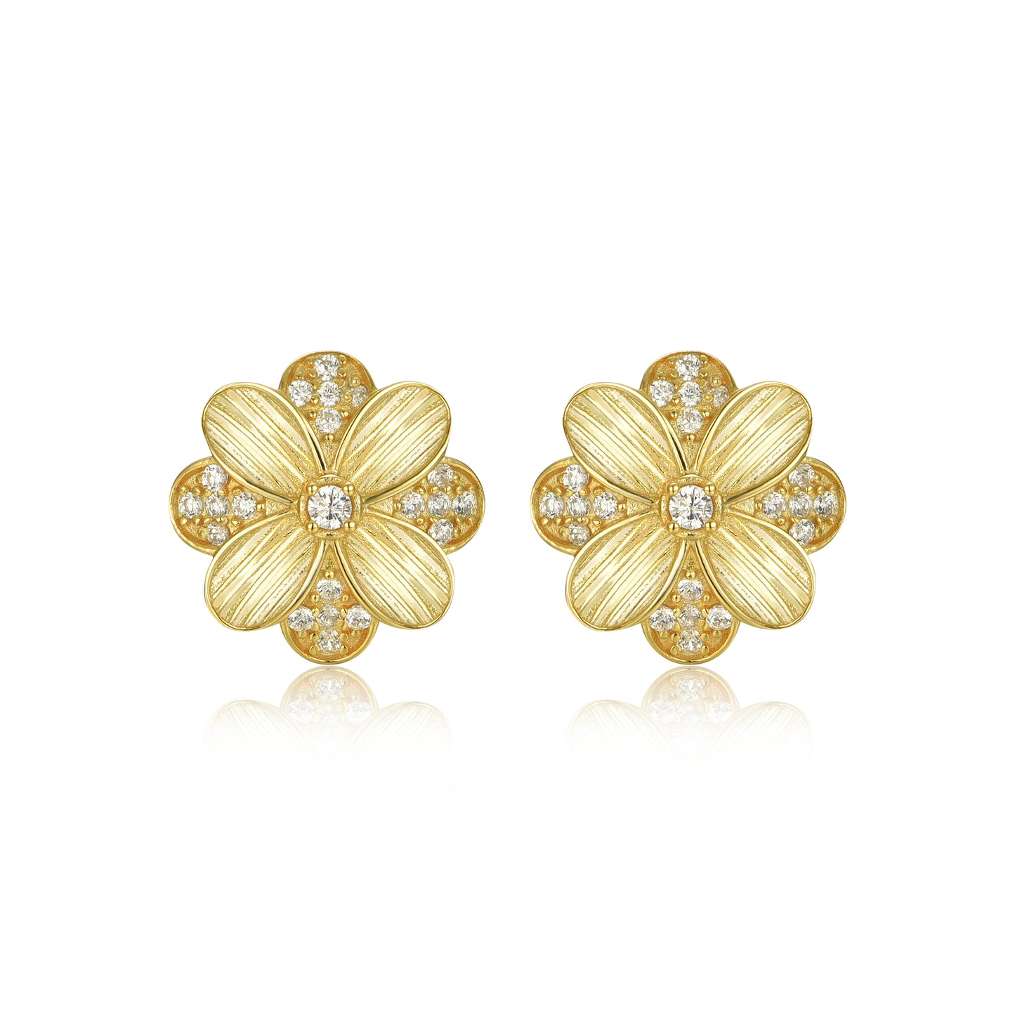 Sterling Silver Gold Plated Flower With CZ Stud Earring